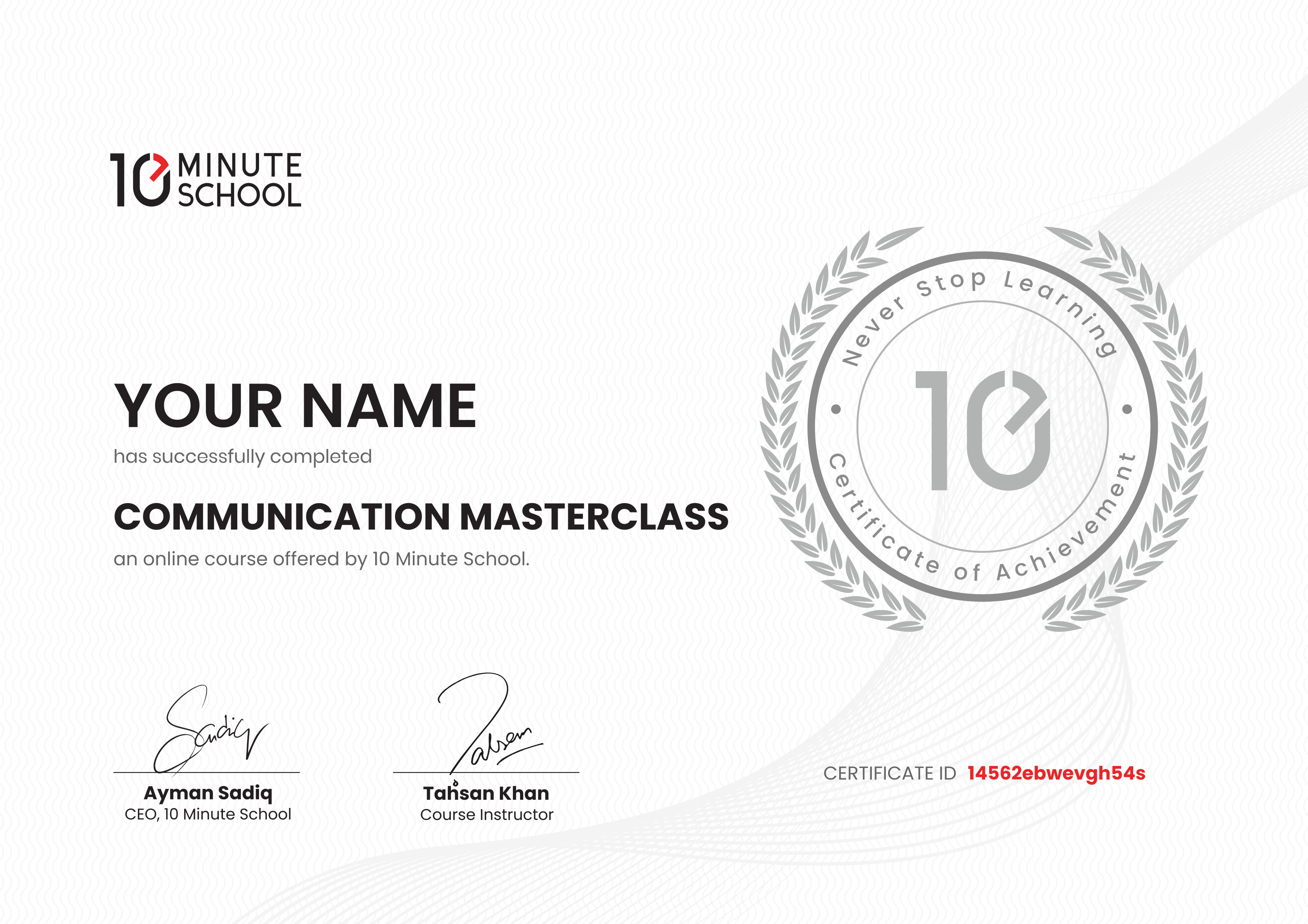 Certificate for Communication Masterclass by Tahsan Khan