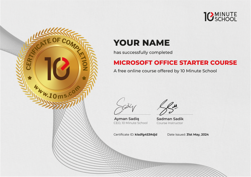 Certificate for Microsoft Office Starter Course